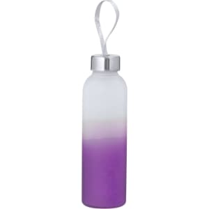 A drink bottle featuring a frosted design with a gradient from white to purple, plus a silver lid and strap.