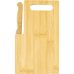 A bamboo cutting board featuring a handle and a sleek design, showcasing natural wood tones.