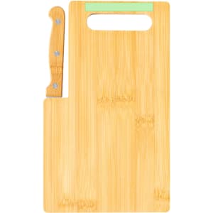 A bamboo cutting board with a handle and a logo, featuring a natural wood finish.