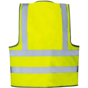 A reflective safety vest in bright yellow with grey reflective stripes and a logo.