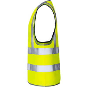 A reflective vest in bright yellow with silver stripes, designed for safety wear. Includes branding on the fabric.