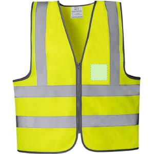 A bright yellow reflective vest featuring grey stripes and a front zip, with a blank patch for branding.