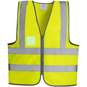 A reflective safety vest in bright yellow with grey reflective strips, featuring a logo area.