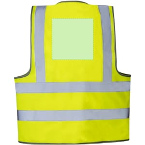 A yellow reflective vest featuring silver stripes and a blank area for customisation.