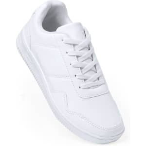 A white sneaker with a smooth finish and laces, featuring a simple design and a logo on the side.