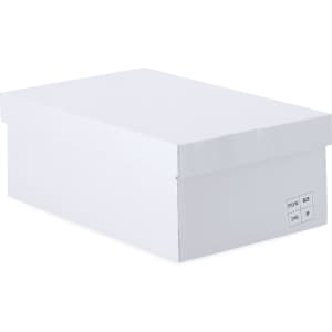 A plain white footwear box with a lid, featuring a simple design and labels on the side.
