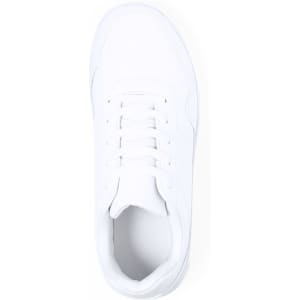A pair of white trainers with a simple design and laces, featuring a logo on the side.