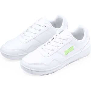 White trainers with a green accent, featuring a classic lace-up design and a minimalist style.