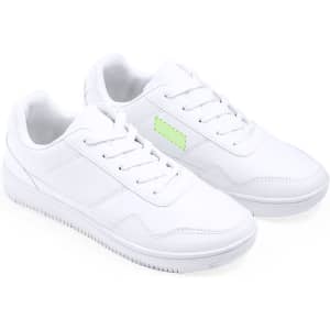 White trainers featuring a simple design with a hint of green, complete with laces and a branding logo.