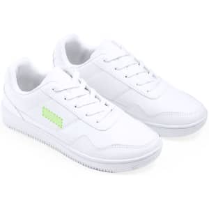 White trainers with a green accent, featuring laces and a textured sole, with a logo on the side.