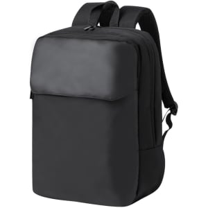 A black backpack with a sleek design, featuring a zippered top and adjustable straps. It has a logo on the front.