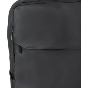 A close-up of a black Tidol backpack featuring a zippered pocket and a smooth texture, with a branding logo.