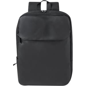 A black backpack with a sleek design and a front flap, featuring a logo on the front.