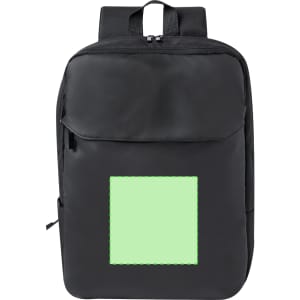 A black backpack with a flap pocket and a rectangular blank area for customization. It features two shoulder straps.