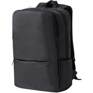 A black backpack with a sleek design, featuring multiple compartments and a logo. Ideal for daily use.