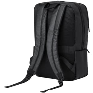 A black backpack featuring padded shoulder straps and a mesh back for comfort, with side pockets and a logo.