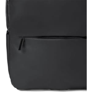 A black backpack with a smooth texture and a zippered pocket on the front. It features a subtle logo.