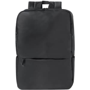A black backpack with a smooth exterior, featuring two straps and a front zip pocket. It has a logo on the front.