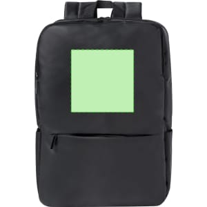 A black backpack with two shoulder straps and a green blank patch on the front, featuring a zip pocket.