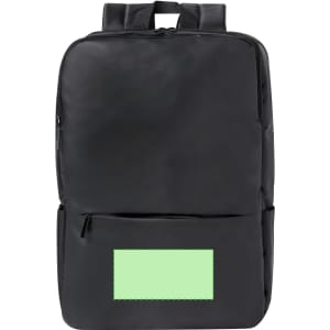 A black backpack featuring a front pocket with a green placeholder section and adjustable straps.