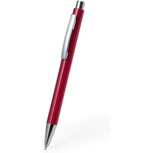 A red plastic pen with a silver clip and tip. The pen features a logo on the barrel.