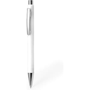 A white plastic pen with a silver clip and tip, featuring a logo on the barrel.