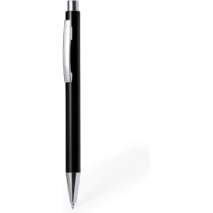 A black plastic pen with a silver clip and chrome accents, featuring branding on the barrel.