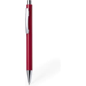 A red plastic pen with a silver clip and tip, featuring a simple design and a branding logo.