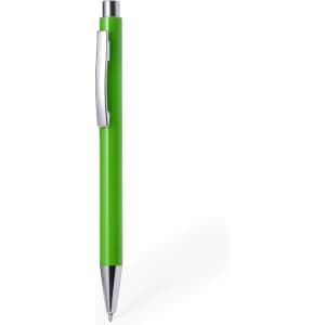 A green plastic pen featuring a silver clip and a metal tip. The pen has a sleek design.