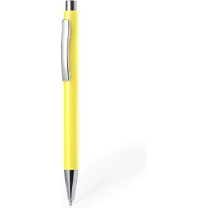 A yellow plastic pen with a silver clip and a chrome tip, featuring a simple design and a branding logo.