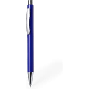 A blue plastic pen featuring a silver clip and a sleek design, with a logo on the barrel.