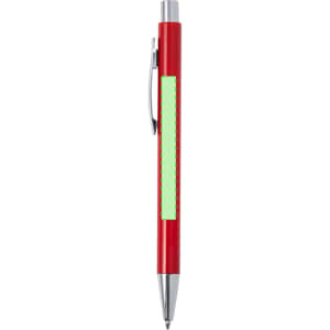 A red plastic pen with a silver clip and a green section for branding or messages.