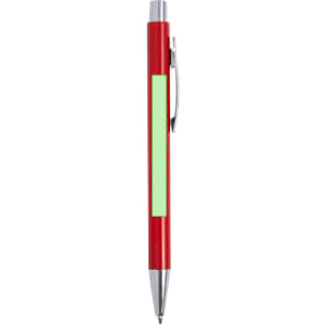 A red plastic pen with a silver clip and a blank green area for branding.