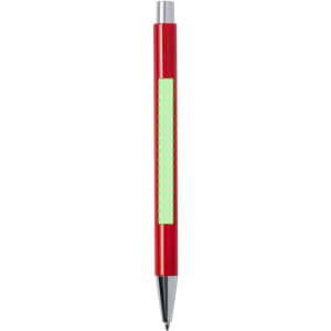 A red plastic pen with a green grip and silver accents, featuring a branding logo.