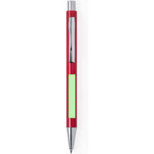 A red plastic pen with a chrome clip and a green accent area, featuring a logo.