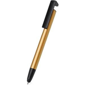 A metal pen in gold and black, featuring a sleek design and a clip. It has branding on the surface.