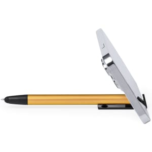 A metal pen with a gold barrel and black tip, positioned next to a smartphone. The pen has a clip and branding visible.