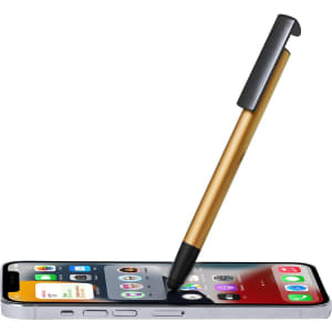 A gold metal pen is resting on a smartphone screen, featuring a sleek design and a logo.