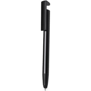 A black metal pen with a sleek design and a clip for easy attachment. It features a branding logo.