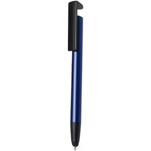 A blue metal pen with a black clip and tip, featuring a logo on the barrel.