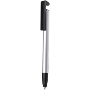 A metal pen in silver with a black clip and tip, featuring branding on the barrel.