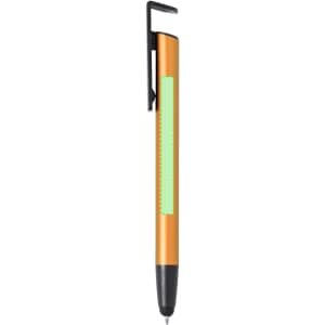 An orange metal pen with a black clip and a green accent area. The pen has a smooth design and a branding logo.