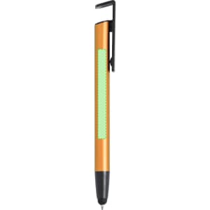An orange metal pen with a black tip and clip, featuring a green section for branding.