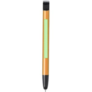 A metal pen featuring a gold barrel and black tip, with a green section for branding.