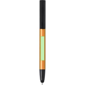 A metal pen with a black top and an orange barrel, featuring a green label area and a branding logo.