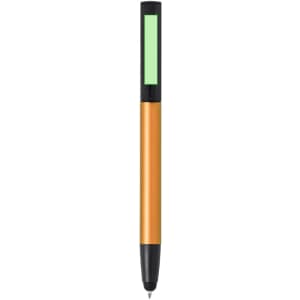 An orange metal pen with a black grip and a green highlight area, featuring a logo.