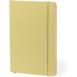 A yellow notepad with a textured cover, secured by an elastic band. It features a logo on the front.