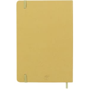 A yellow notepad with a textured finish, secured with elastic bands. It features a logo on the front cover.