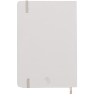 A white notepad with a smooth cover and rose gold accents, featuring a logo at the bottom.