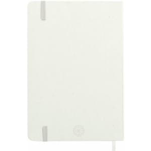 A white notepad with a textured cover, elastic closure, and a bookmark ribbon, featuring a logo on the front.